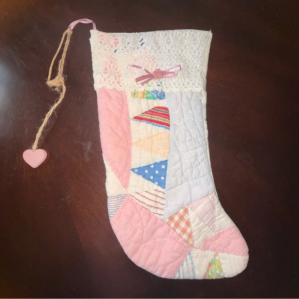 Vintage Quilt Primitive Farmhouse Christmas Stocking Pastel Lace Detail